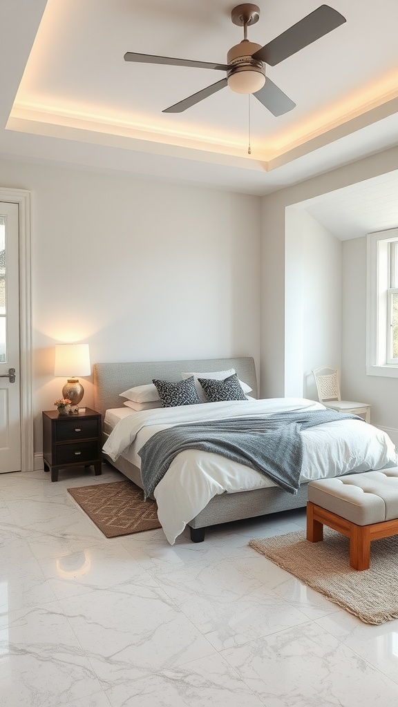 Cozy bedroom with epoxy floor and innovative lighting solutions
