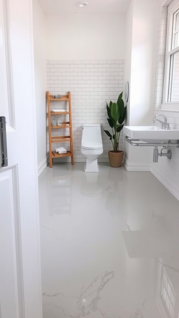 A beautifully designed epoxy floor in a bathroom featuring swirling blue and gray patterns.