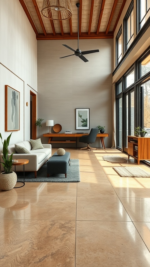 A modern living room featuring tan cement floors, large windows, and natural light.