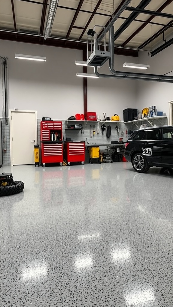 A spacious garage workshop with polished epoxy floor, cabinets, and tools organized on the wall.