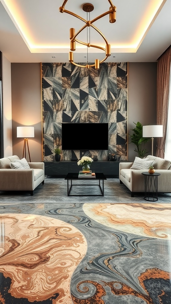 A modern living room with epoxy flooring showing swirls of colors, light furniture, and elegant lighting.