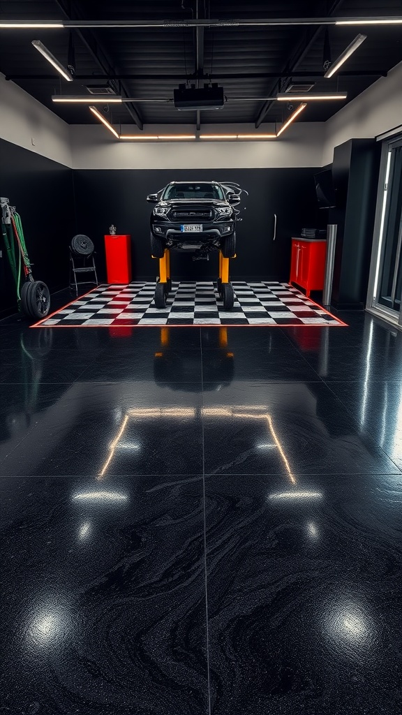 A modern garage with a black epoxy floor, red storage units, and a classic checkered pattern, showcasing Art Deco elements.
