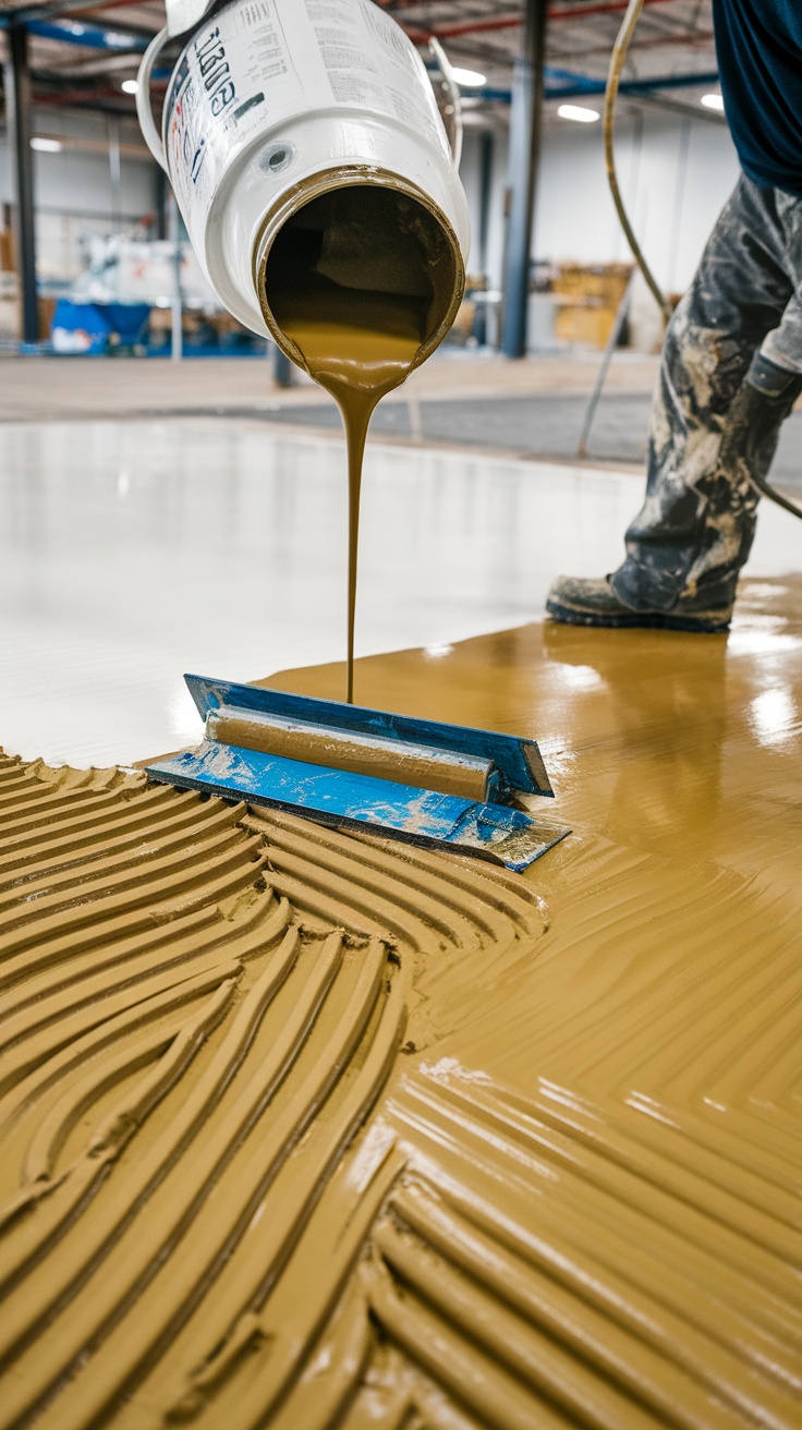 A person pouring epoxy flooring in a commercial space.
