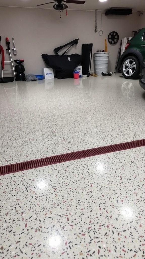 Before and after images of a garage floor transformation showcasing a speckled epoxy finish.
