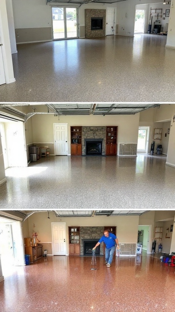 Three images showing the installation process of epoxy floors, including a before and after view.