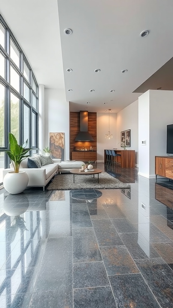 A beautifully installed marble metallic epoxy floor with a hand applying finishing touches.