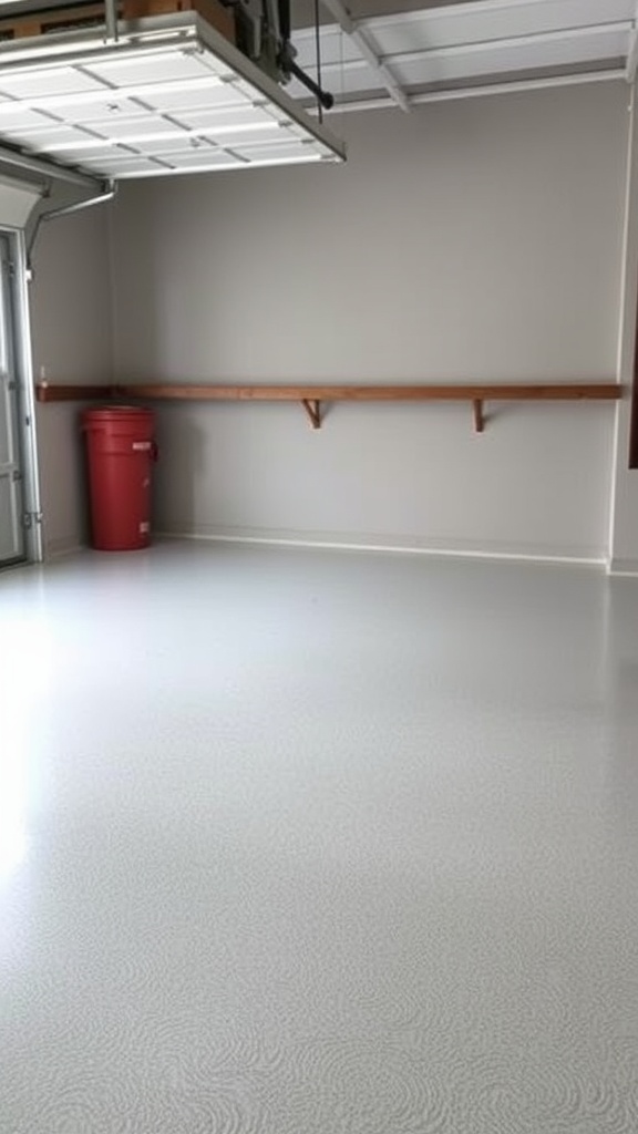 A clean, freshly coated epoxy garage floor with a light gray finish.