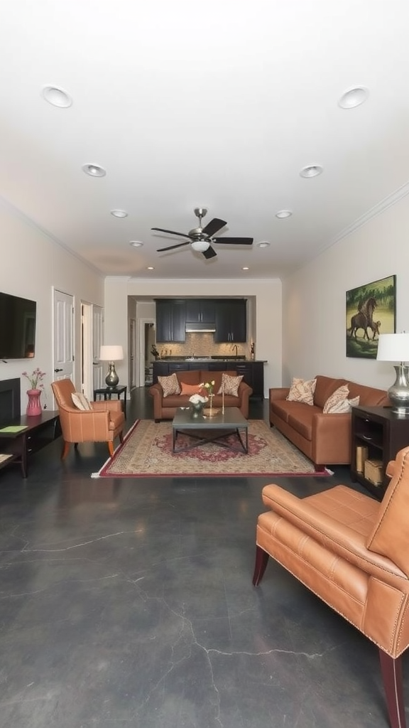 A modern living room featuring sleek epoxy flooring, a cozy sofa, and stylish decor.