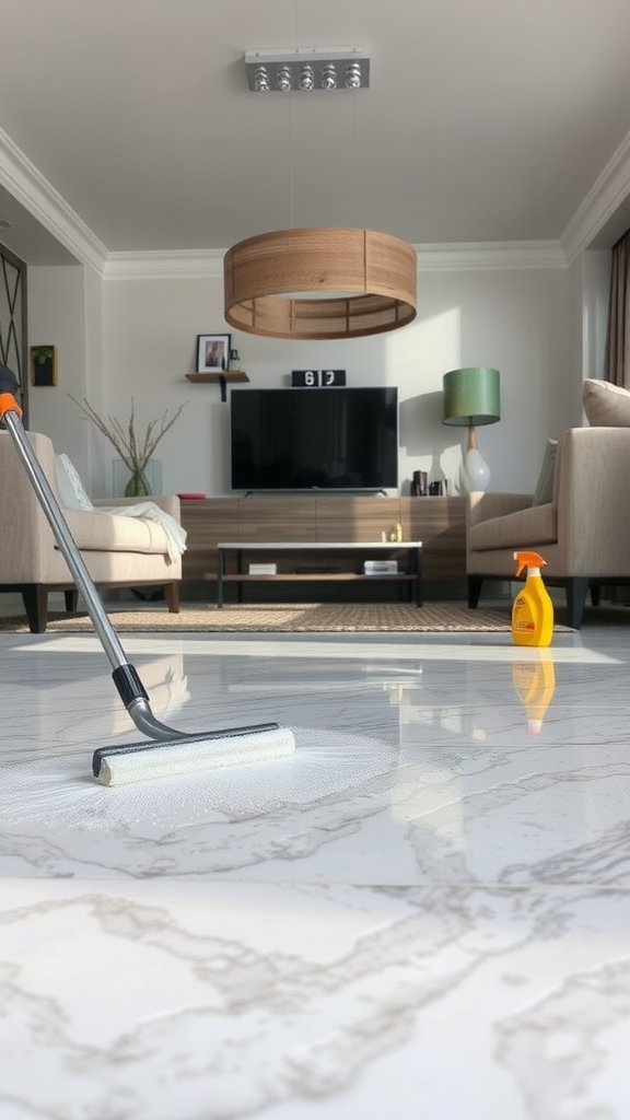 A person applying epoxy flooring in a bright living room with large windows and a chandelier
