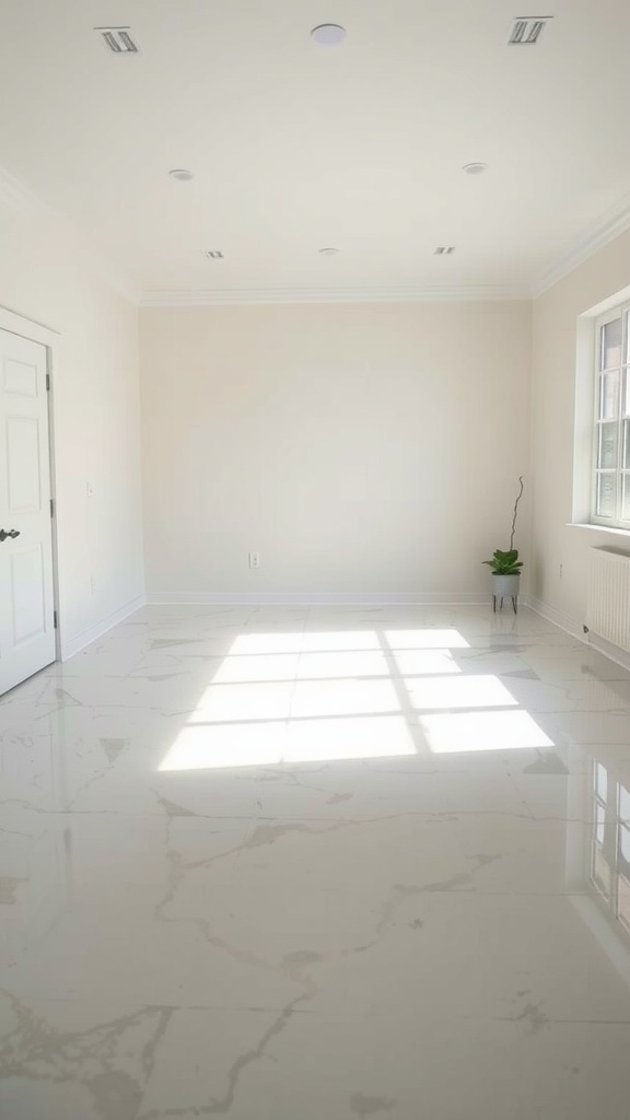 Bright and spacious bedroom with shiny epoxy concrete flooring