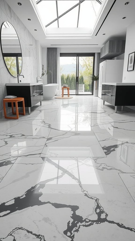 A beautifully designed interior showcasing heated marble flooring with large windows and modern decor.
