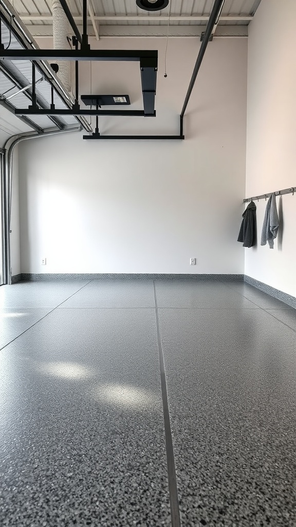 A clean and glossy metallic epoxy floor in a garage with a minimalist design.