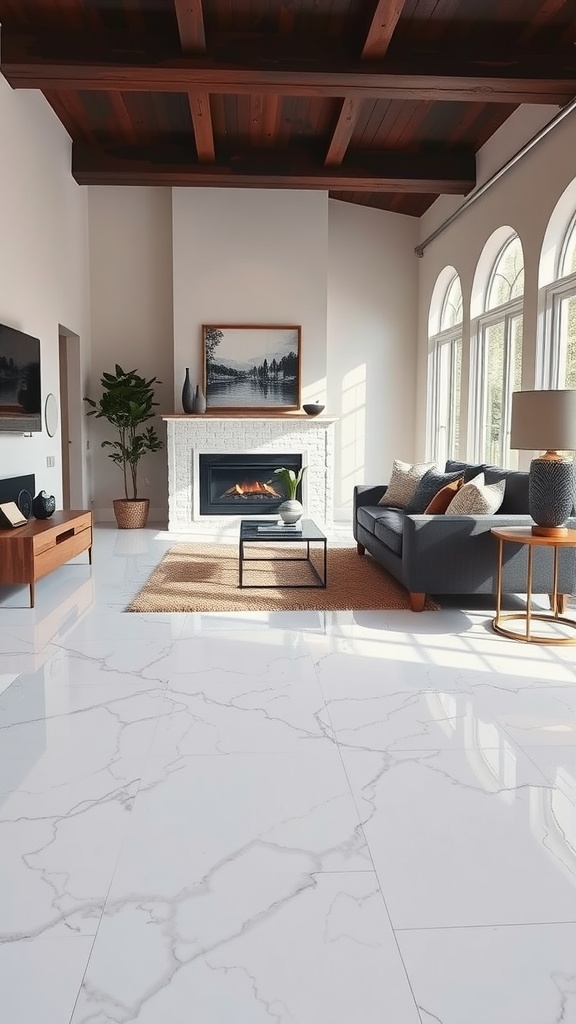 A bright kitchen with a white marble look metallic epoxy floor, showcasing a dining table and modern decor.