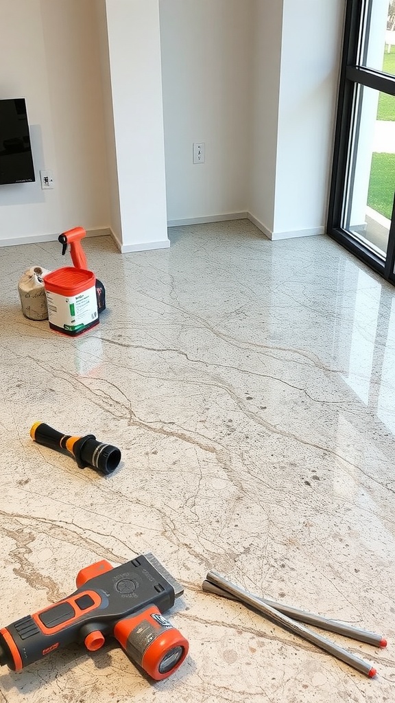 Before and after installation of metallic marble epoxy flooring with tools and equipment visible.