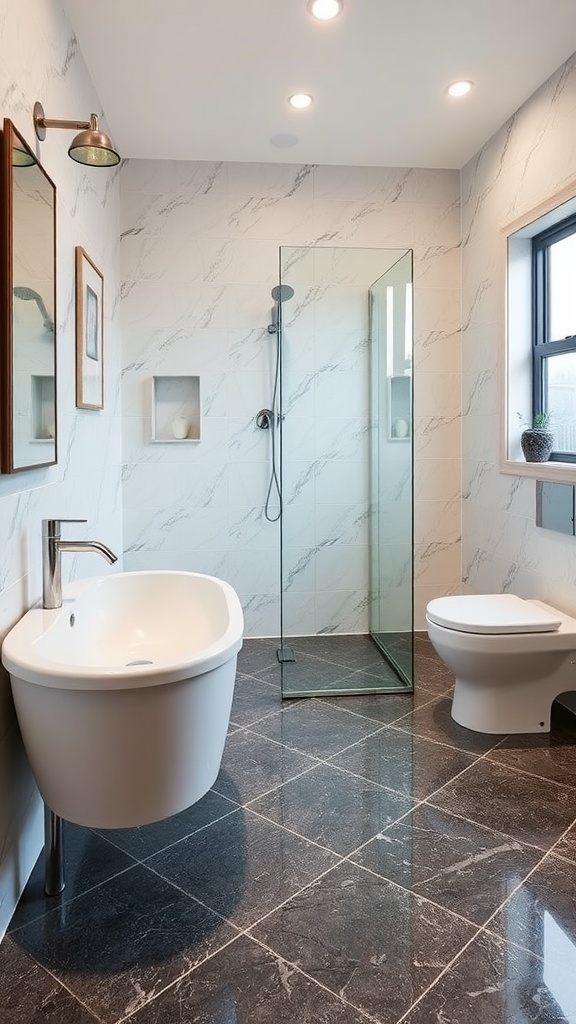 Before and after images of a bathroom renovated with epoxy flooring.