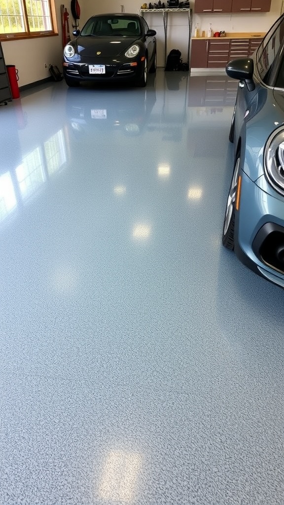 A man applying epoxy coating in a stylish garage with a polished floor and a sports car.