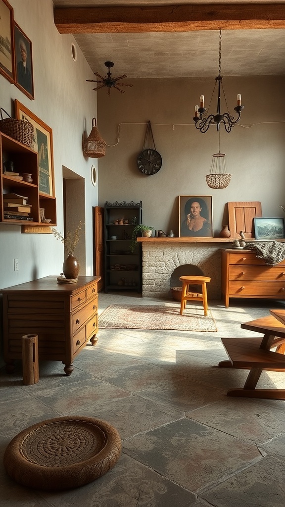 A cozy living space with polished concrete floors, wooden accents, and a warm atmosphere.