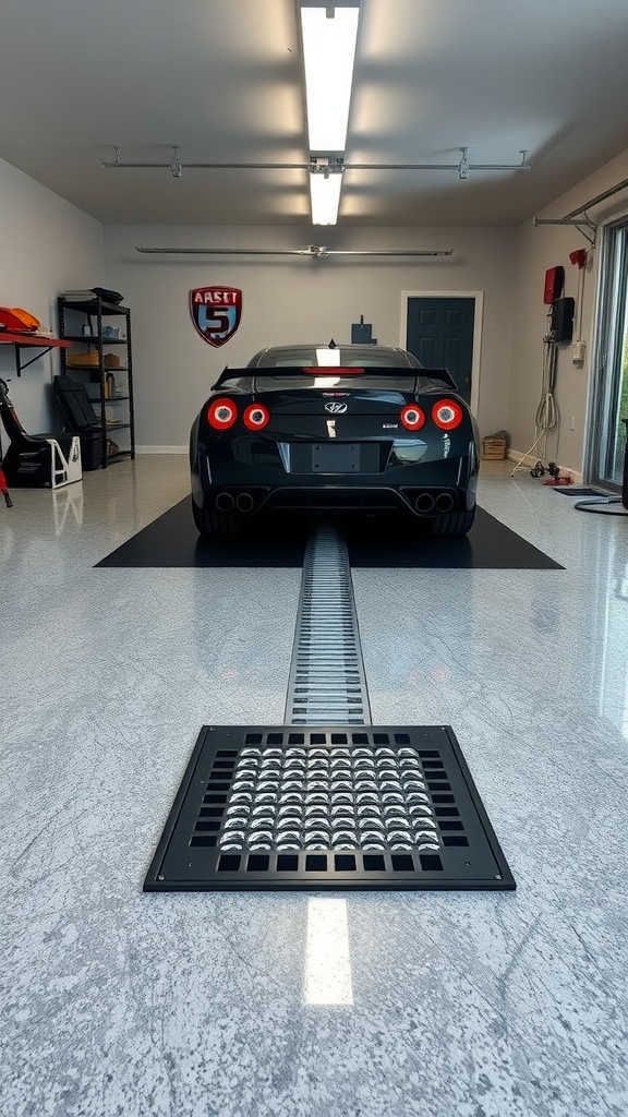A modern garage featuring an integrated drainage system on a sleek epoxy floor.