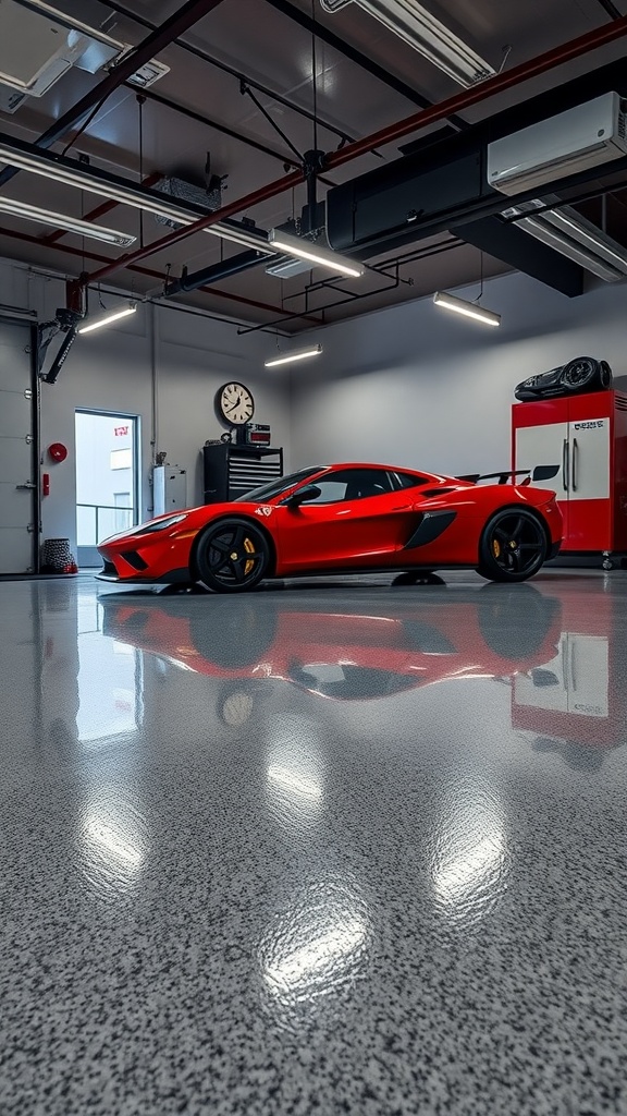 A stylish garage with integrated LED lighting effects highlighting a luxury car and epoxy flooring.