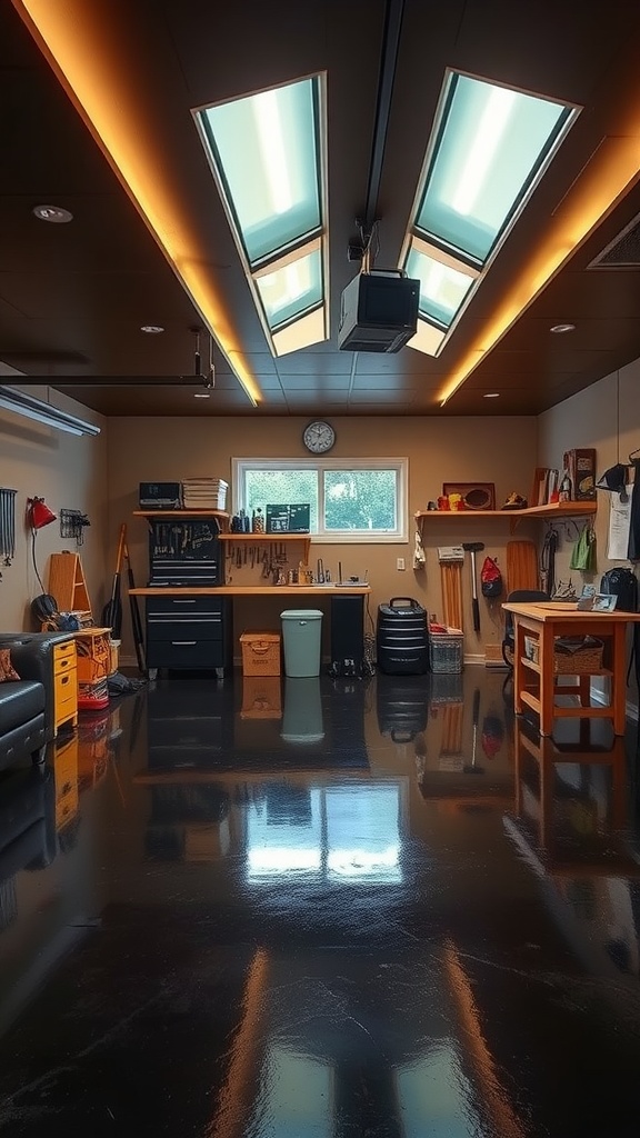 A well-lit garage with integrated LED lighting and dark epoxy floor.