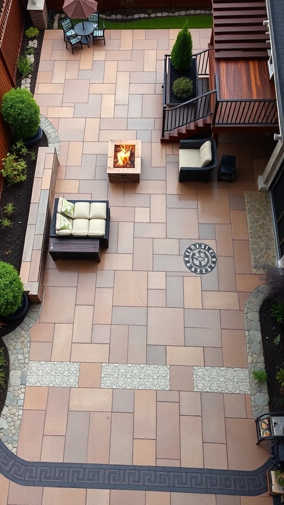 A beautifully designed stamped concrete patio with integrated seating, a fire pit, and a wooden deck.