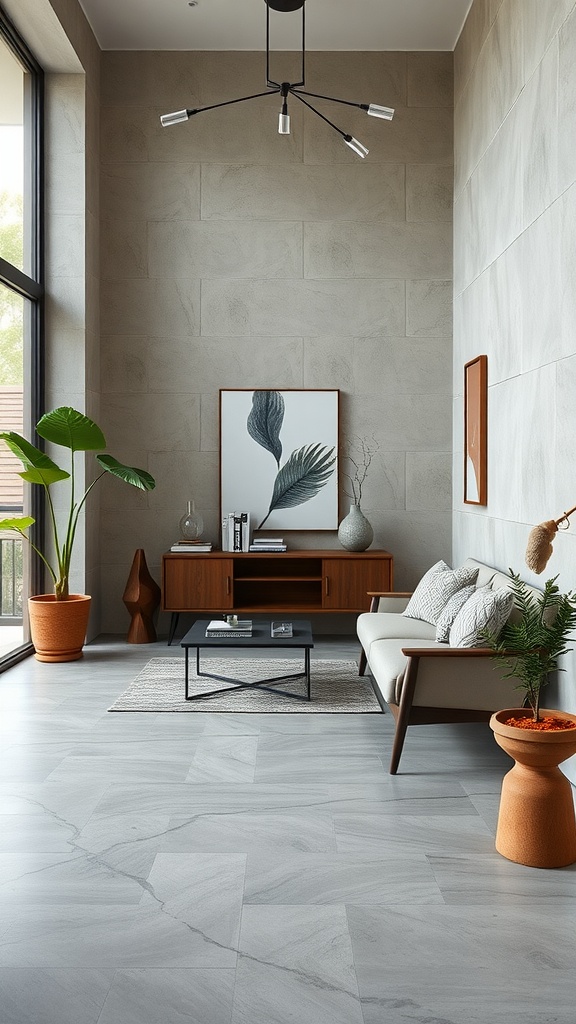A stylish living room featuring custom concrete flooring, modern furniture, and decorative plants.