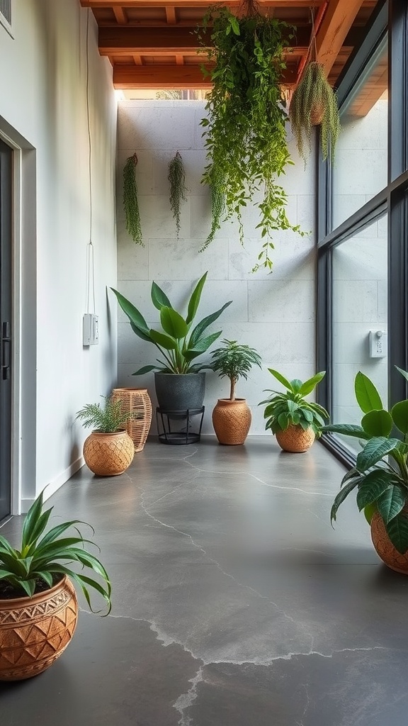 Interior space featuring concrete floors and various green plants in decorative pots.