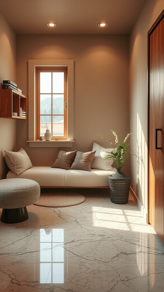 A small, cozy room featuring epoxy flooring, natural light, and warm wooden furniture.