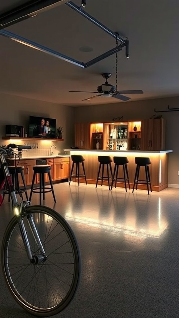A stylish garage bar setup featuring an epoxy floor and LED lighting.