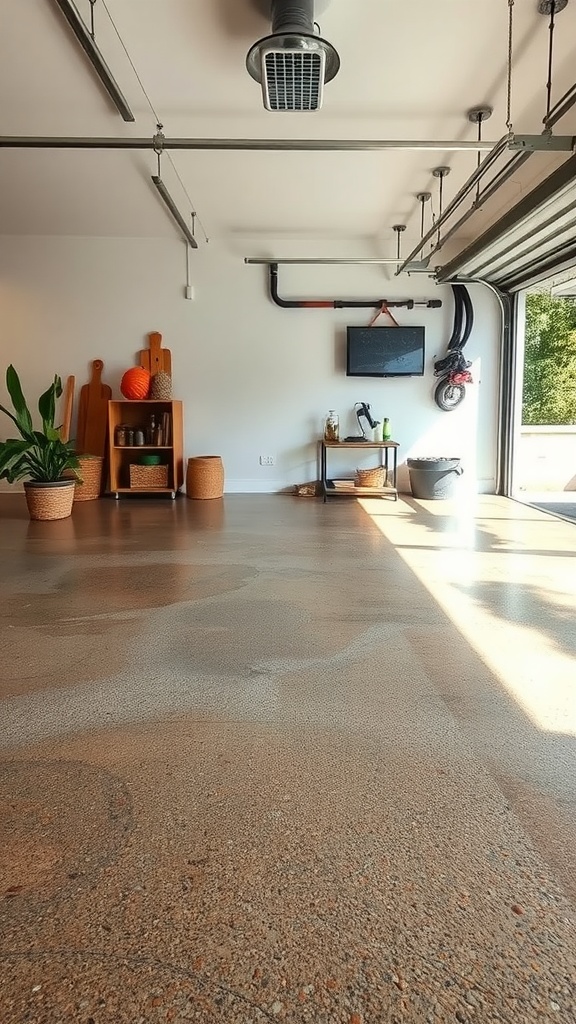 A modern garage featuring a shiny epoxy floor and bright LED lighting with organized storage.