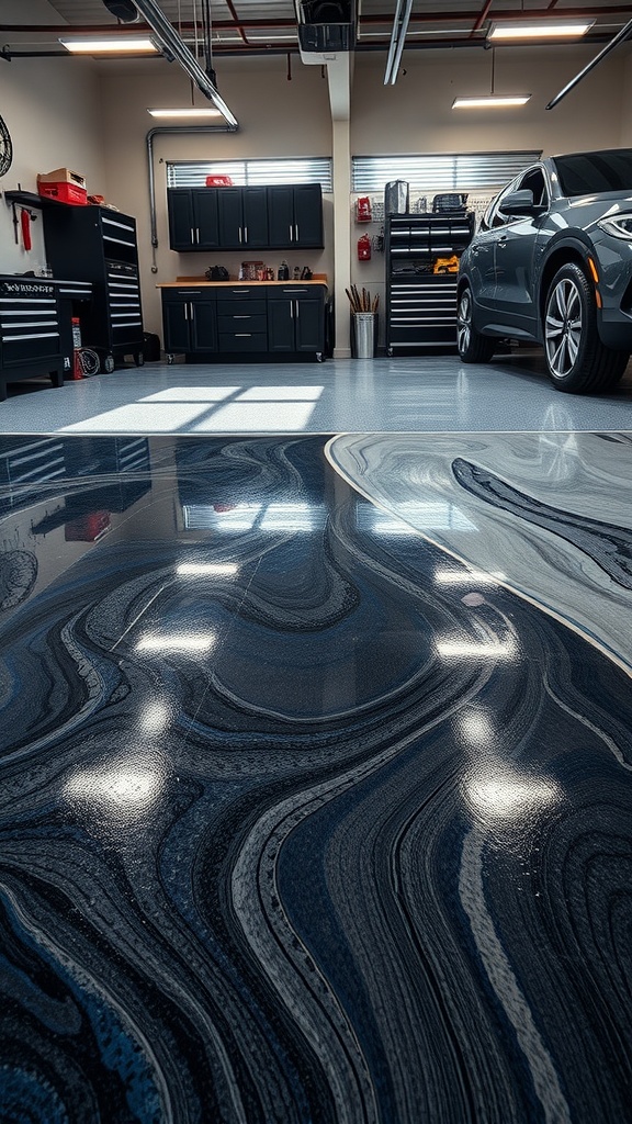 A stylish garage with a black and blue epoxy floor, showcasing natural elements.