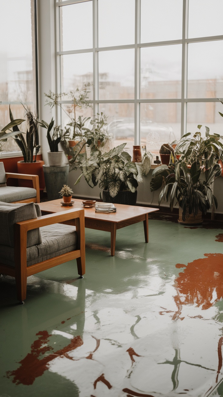 A cozy living room with epoxy floor, plants, and wooden furniture