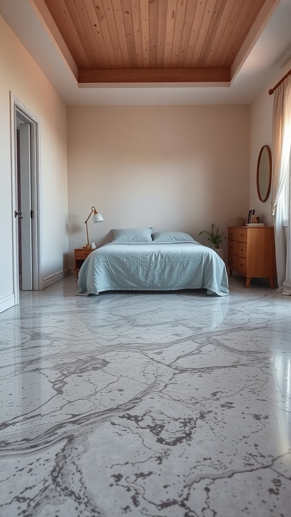A cozy bedroom featuring an elegant epoxy floor with underfloor heating. The room has a warm atmosphere with soft lighting and a comfortable bed.