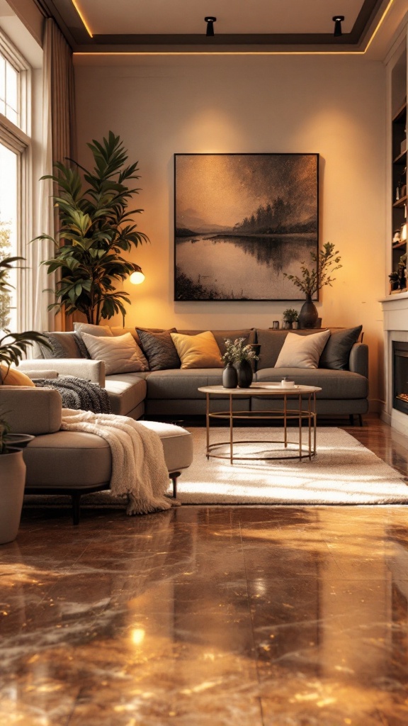 A cozy living room featuring warm lighting, plants, and comfortable furniture.