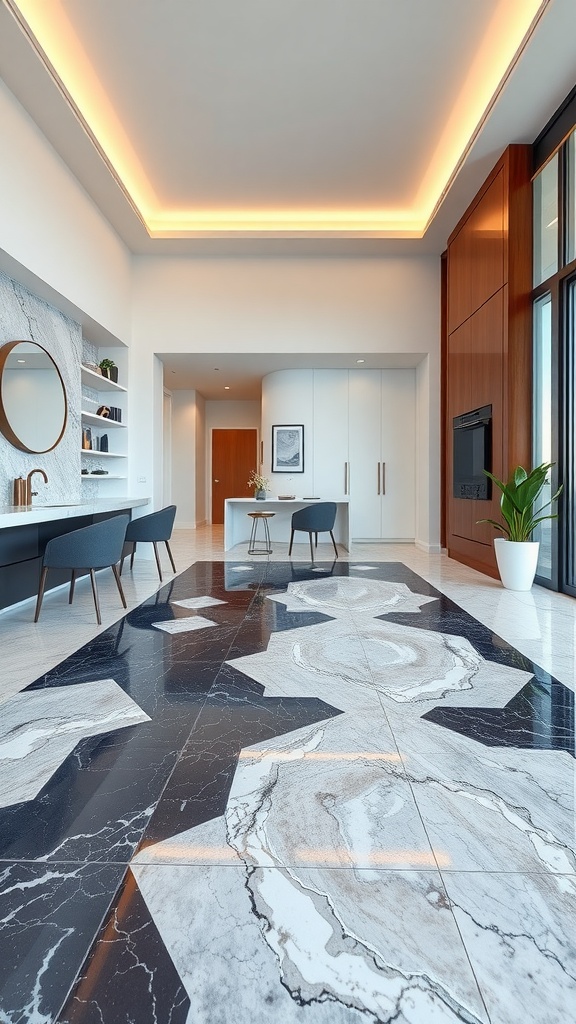 A modern interior featuring marble epoxy flooring with interactive 3D effects, showcasing a mix of black and white patterns.