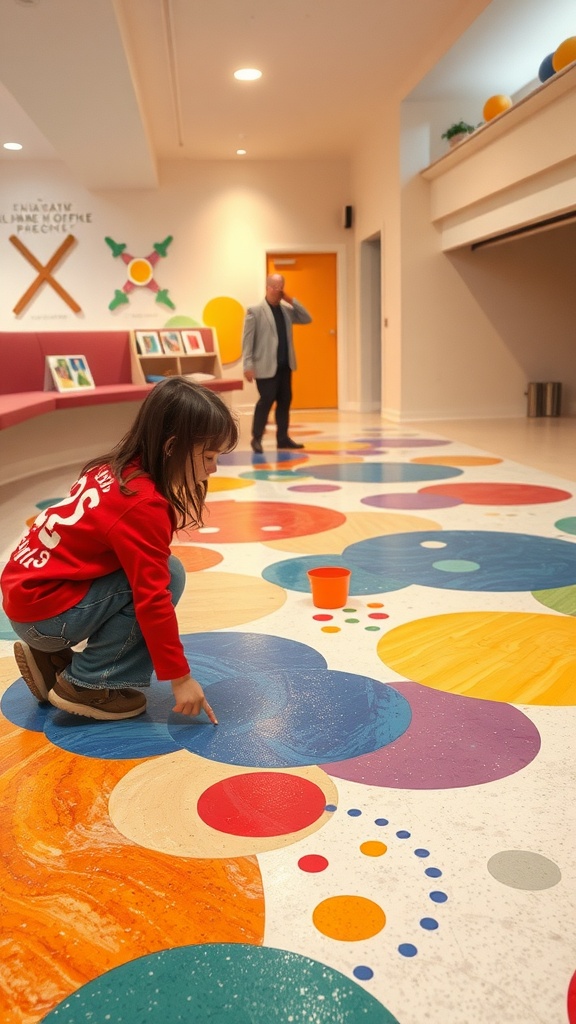 Sleek epoxy floor design with vibrant colors and intricate patterns in a modern interior