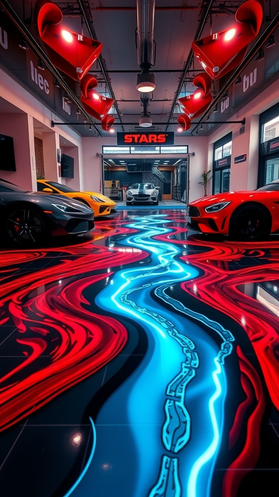 A vibrant epoxy floor in a garage featuring glowing red and blue patterns, showcasing luxury cars.