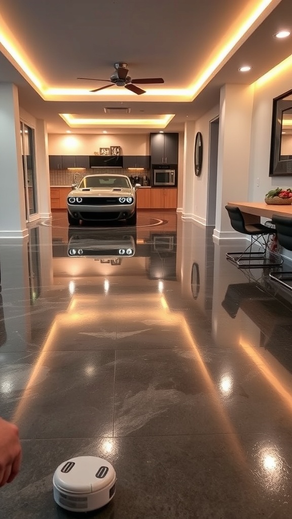 A modern interior featuring a shiny metallic epoxy floor with a car parked in the center, showcasing a playful and interactive design.