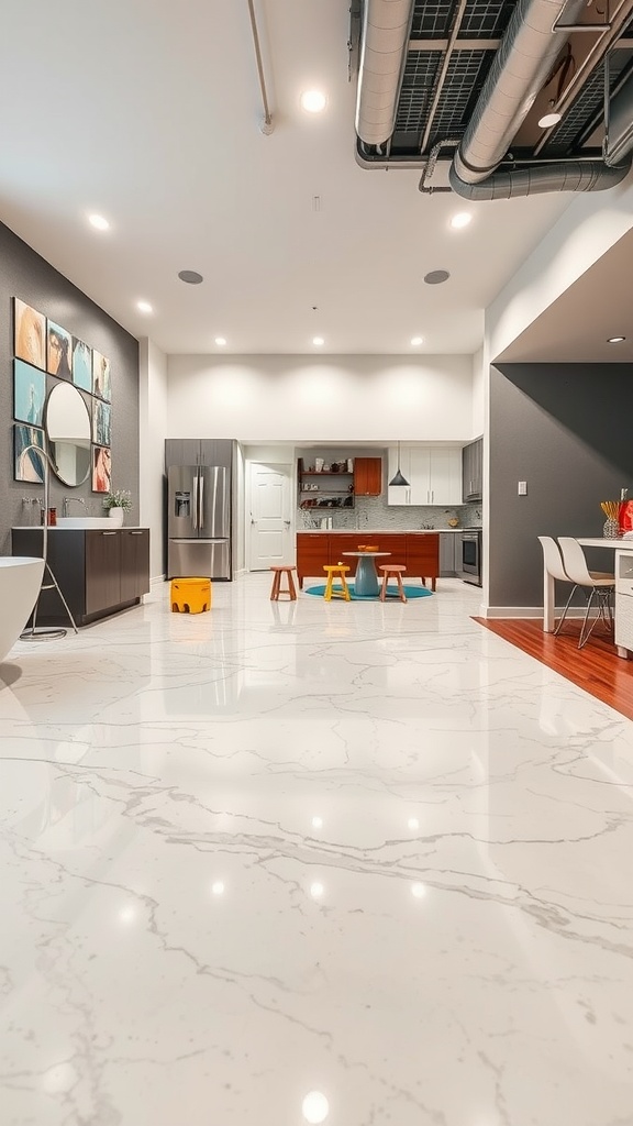 A spacious room featuring a marble epoxy floor, showcasing playful furniture and modern decor.