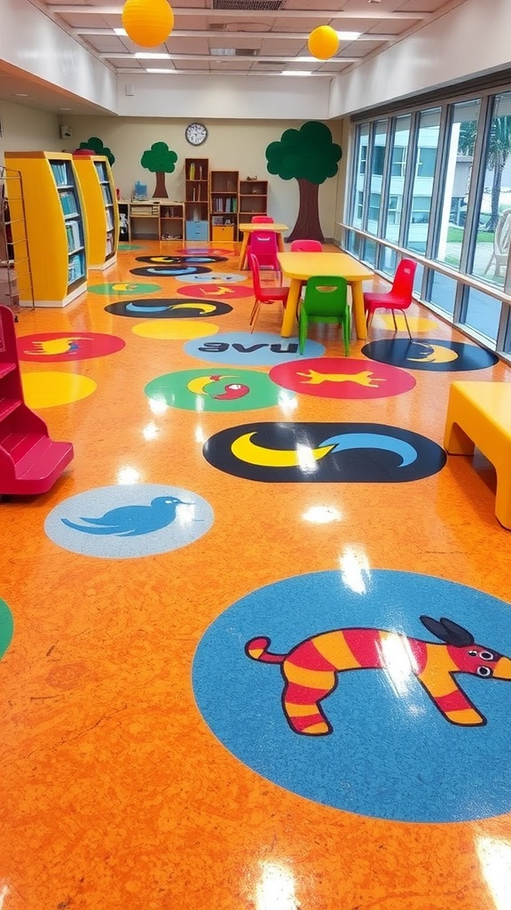 A bright play area with interactive epoxy flooring featuring colorful circular designs on a blue background