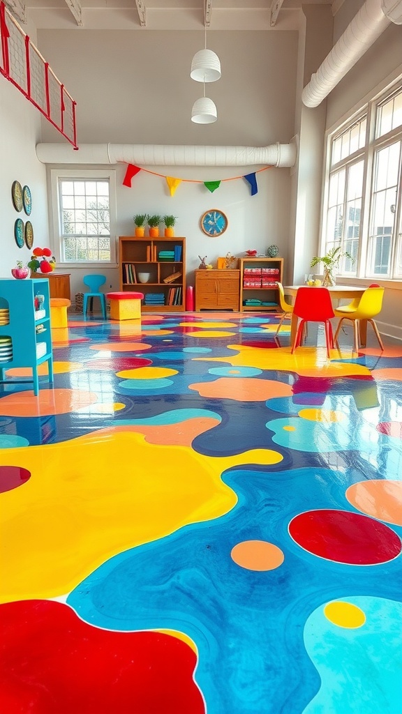 A beautifully designed epoxy floor featuring colorful fish in a bathroom setting.