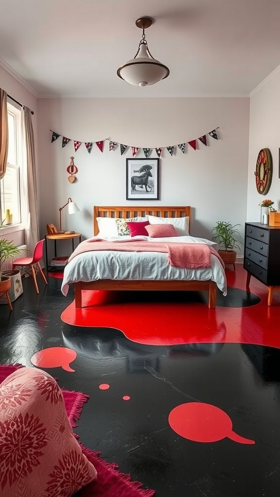 A bedroom with an interactive epoxy floor glowing in vibrant colors, featuring patterns like circles and flowers.