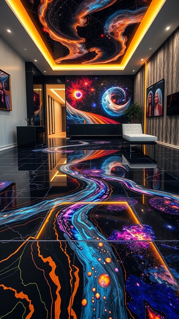 A vibrant cosmic-themed epoxy floor design with swirling galaxies and colorful planets.