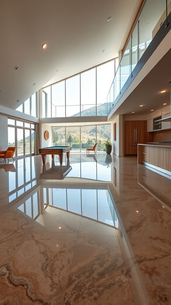 A modern game room with polished epoxy floors and large windows showcasing a hillside view