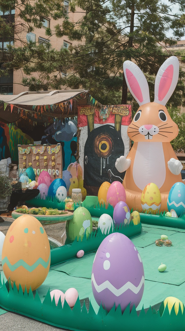 Outdoor Easter decoration with games and colorful balloons