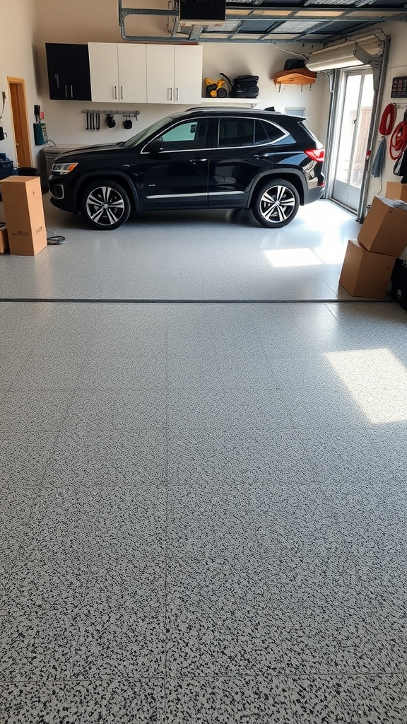 A garage featuring interlocking tiles with a speckled finish, showcasing a modern and clean aesthetic.