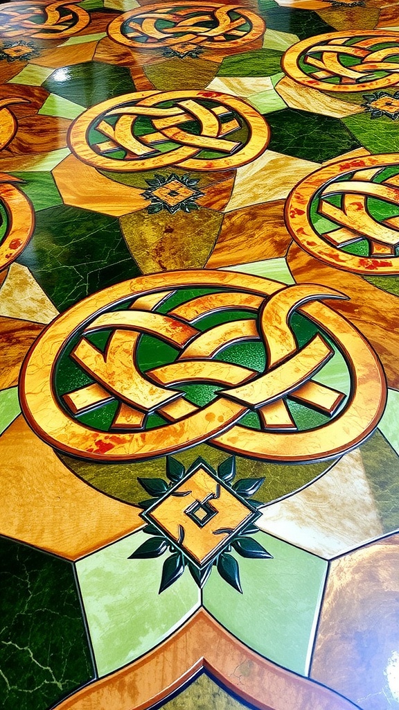 Intricate Celtic knot patterns on an epoxy floor with warm colors.