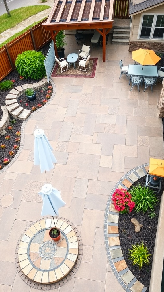 Aerial view of a stamped concrete patio with intricate tile patterns and a wooden deck.