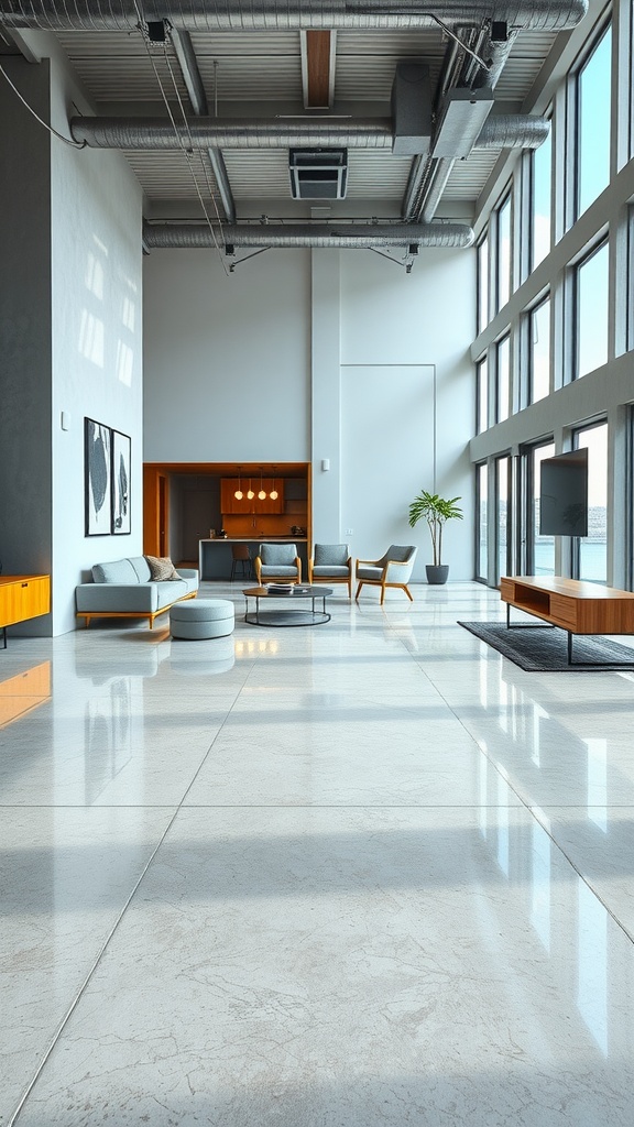 A spacious modern living room featuring polished concrete floors with an invisible seam design, large windows, and stylish furniture.