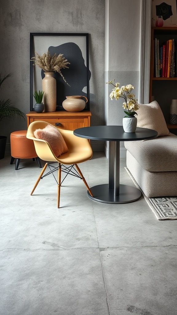 Minimalist interior featuring a grey polished concrete floor and modern furnishings.